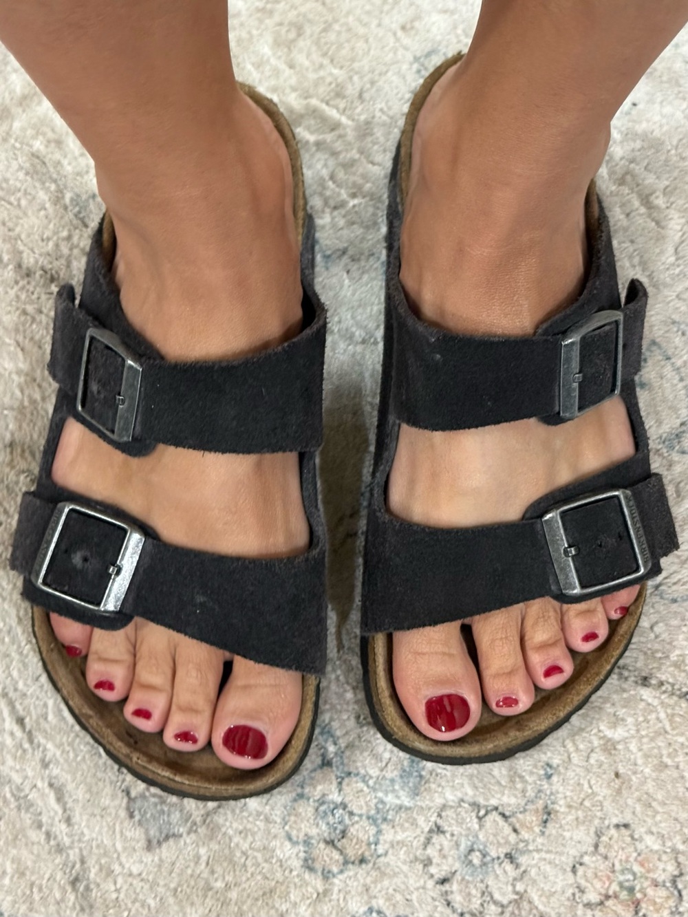 Birkenstock Midnight Blue Gray Suede Soft Bed Arizona Double Buckle Slide Sandal